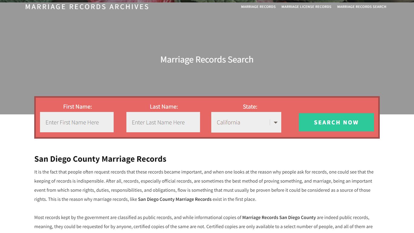 San Diego County Marriage Records | Enter Name and Search